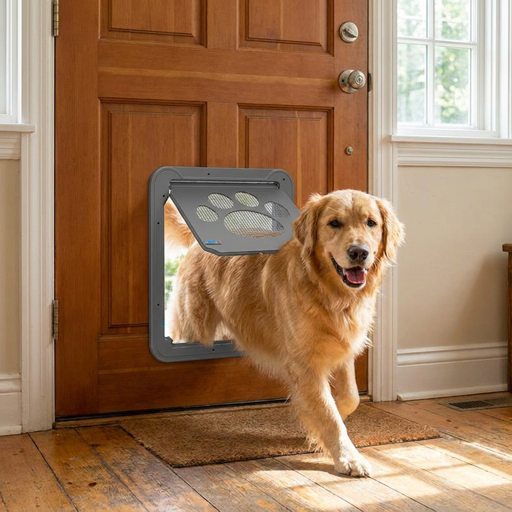 Dog coming through the pet door flap in a closed house door